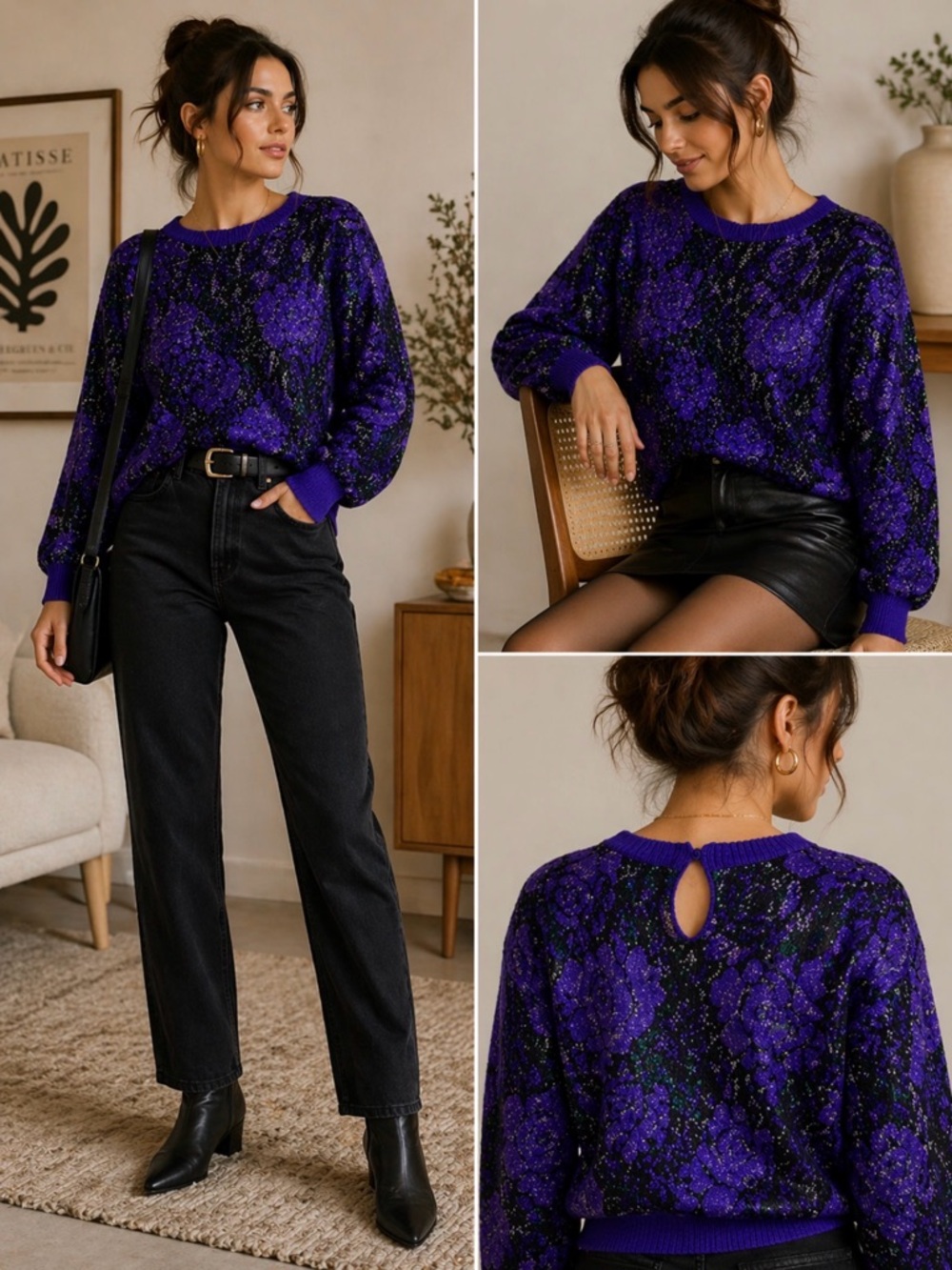 Vintage Alia Floral Knit Sweater Size L Purple Metallic Grandma Chic